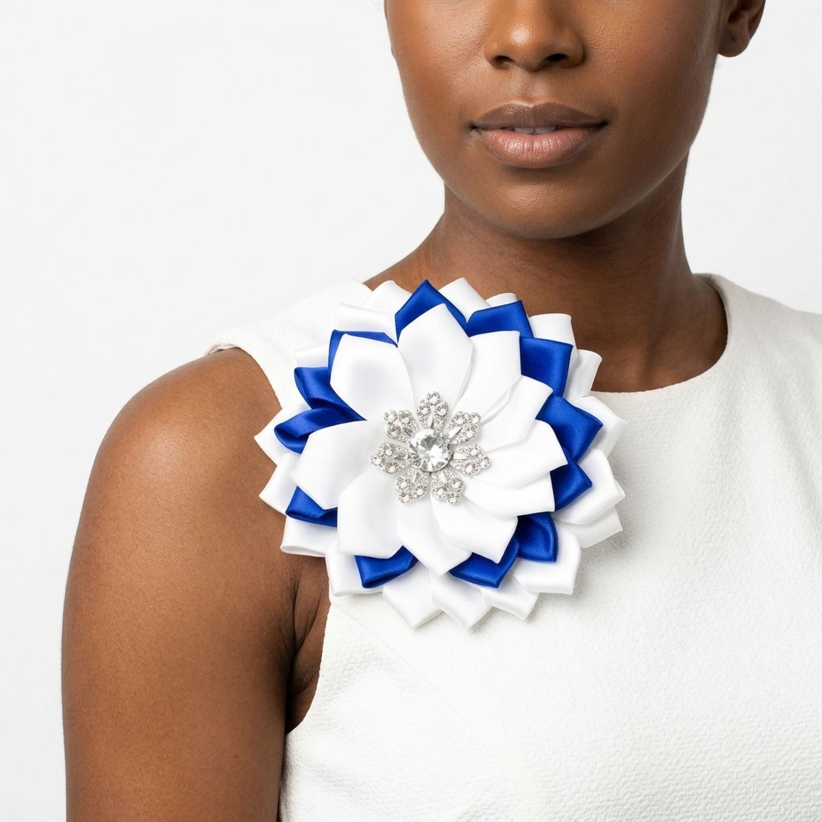 ZPB Blue White Floral Bling Brooch and Hair Clip