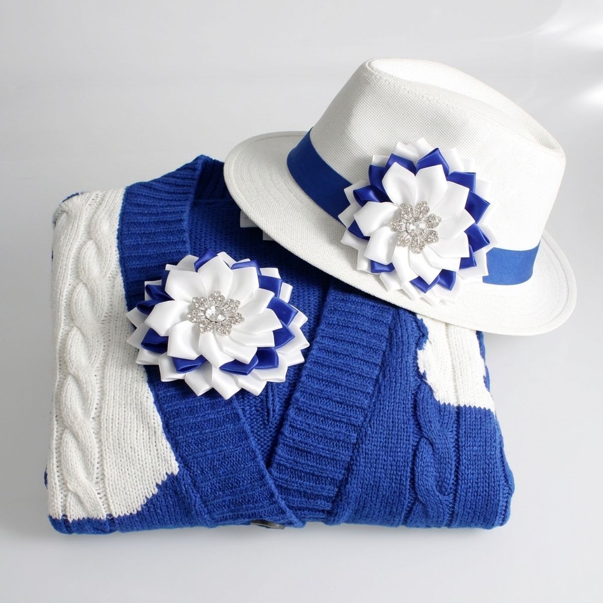 ZPB Blue White Floral Bling Brooch and Hair Clip