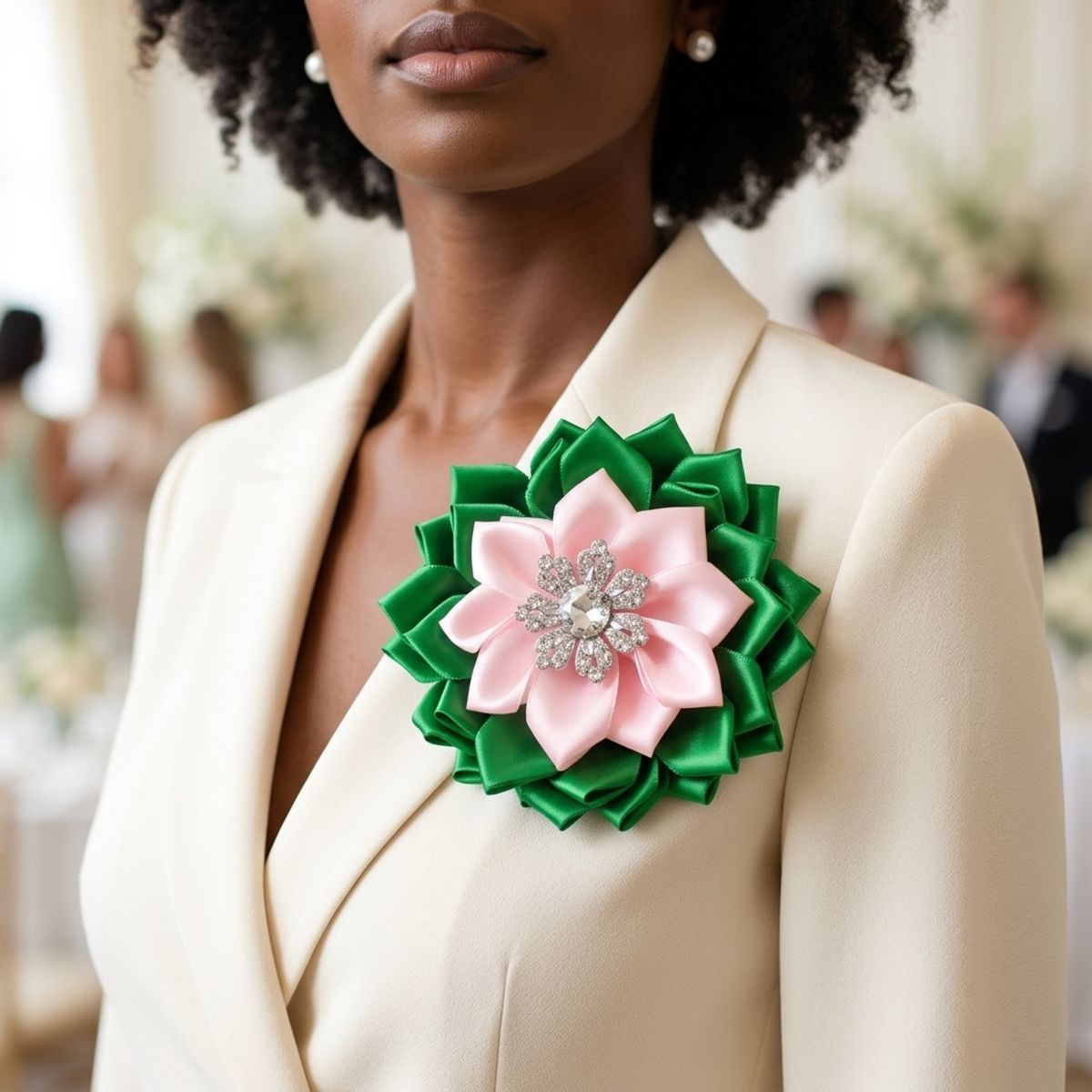 AKA Pink Green Floral Bling Brooch and Hair Clip