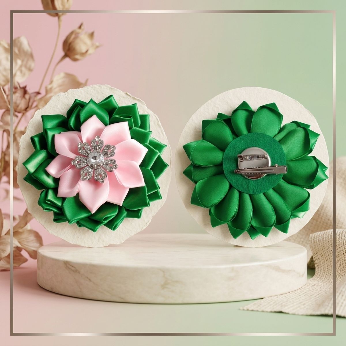 AKA Pink Green Floral Bling Brooch and Hair Clip