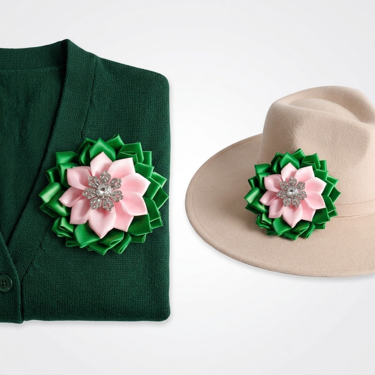 AKA Pink Green Floral Bling Brooch and Hair Clip