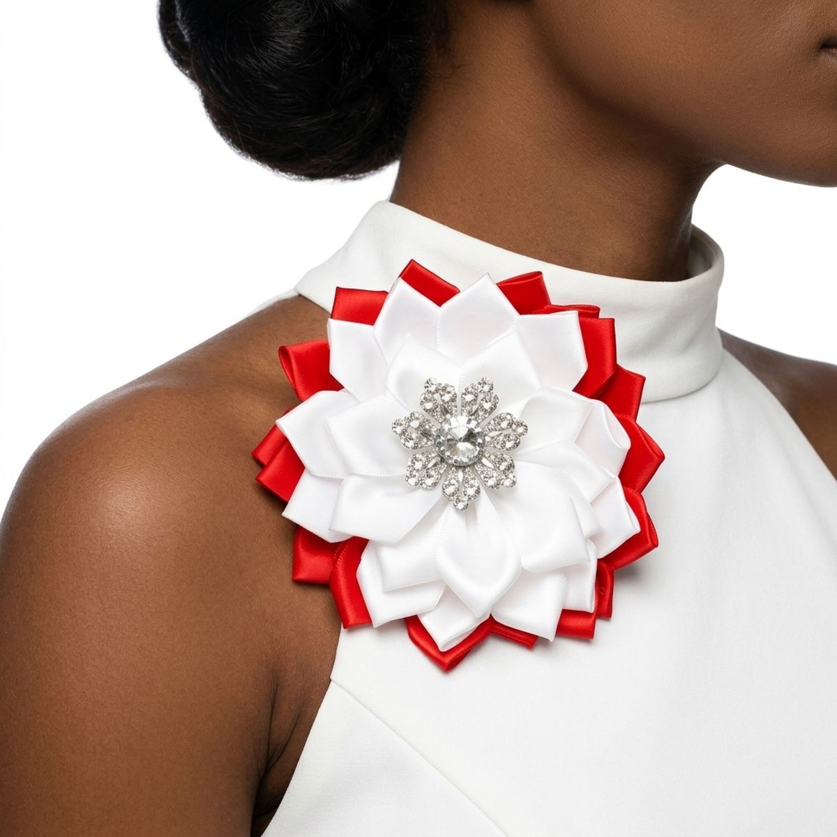 DST Red White Floral Bling Brooch and Hair Clip