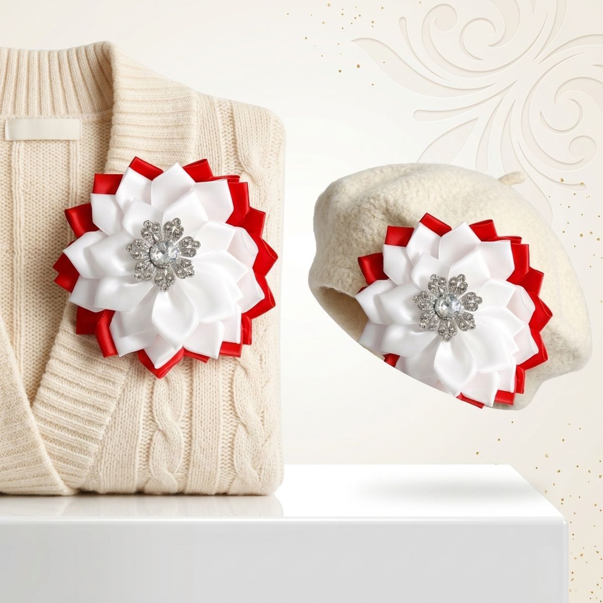 DST Red White Floral Bling Brooch and Hair Clip