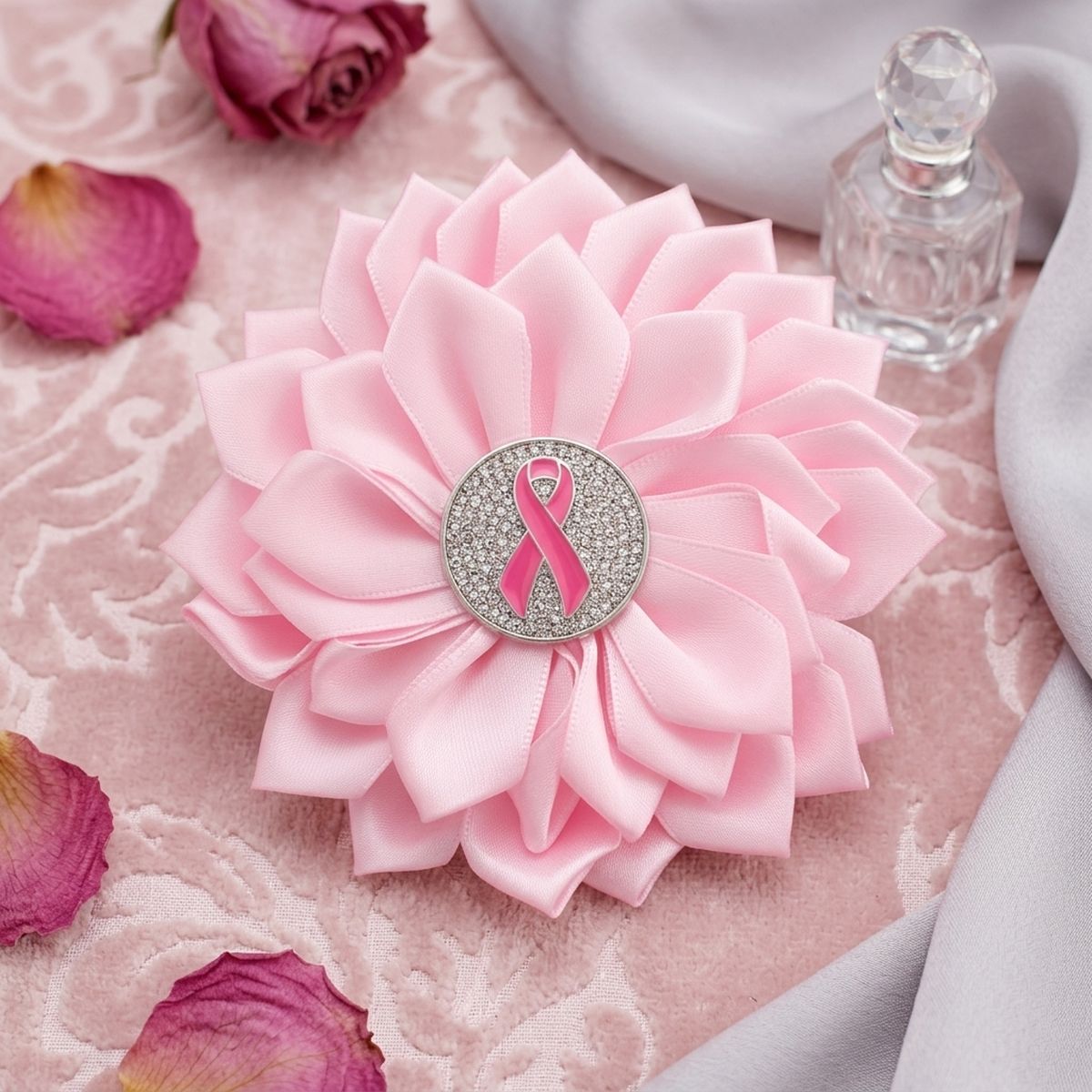 Breast Cancer Pink Flower Brooch and Hair Clip