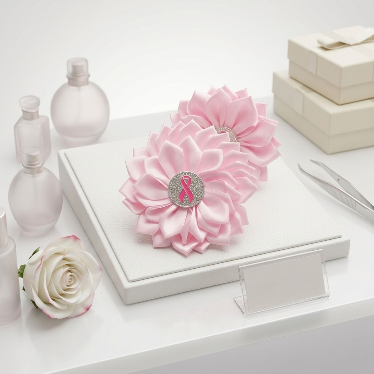 Breast Cancer Pink Flower Brooch and Hair Clip