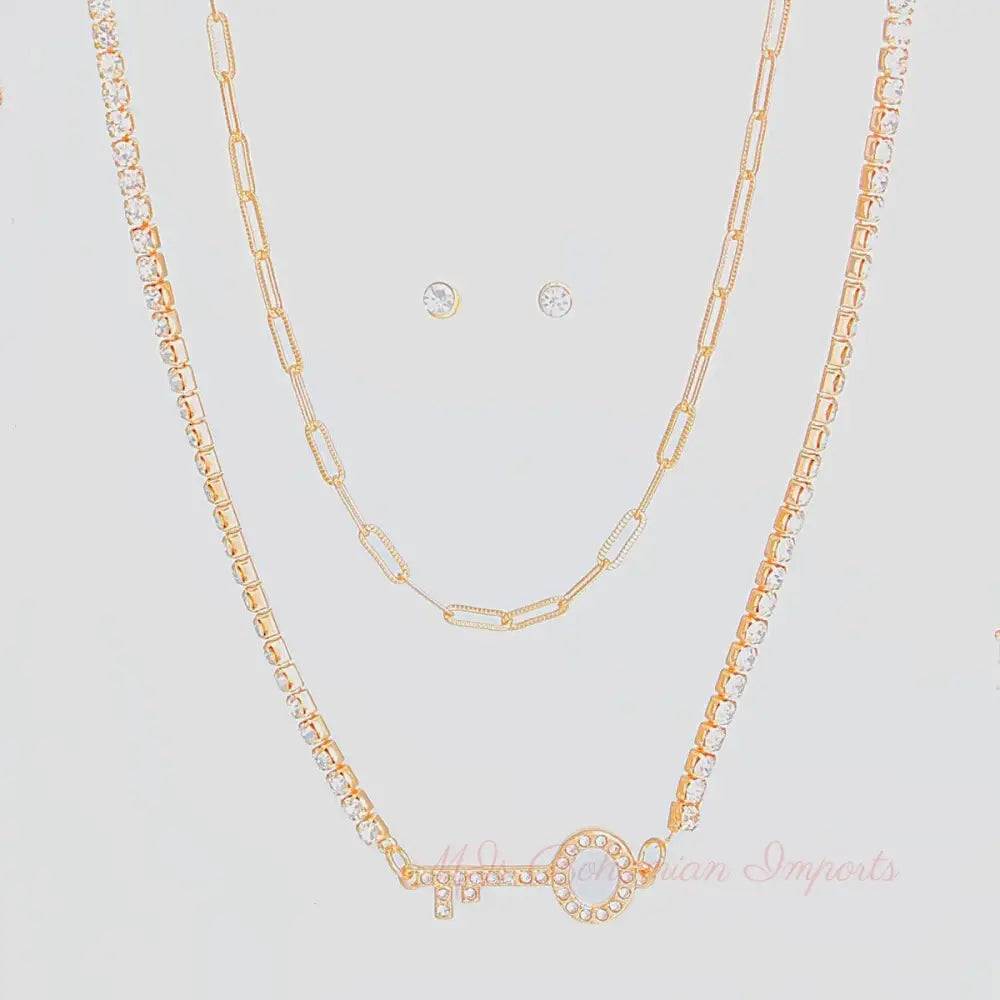 Gold 2 Layer Key Necklace Set