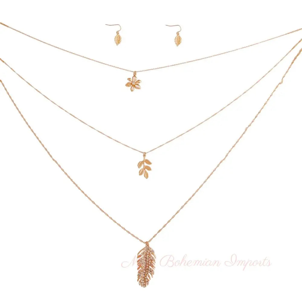 Gold 3 Layer Chain Leaf Necklace