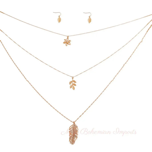 Gold 3 Layer Chain Leaf Necklace