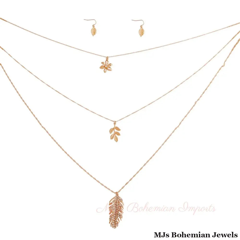 Gold 3 Layer Chain Leaf Necklace