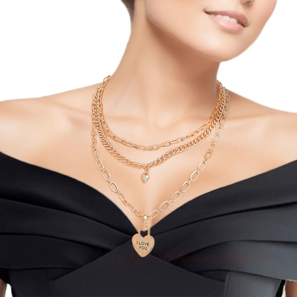 Gold 3 Layer Chain Locked Heart Dainty Necklace Set