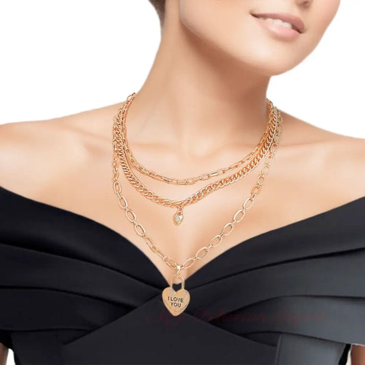 Gold 3 Layer Chain Locked Heart Dainty Necklace Set