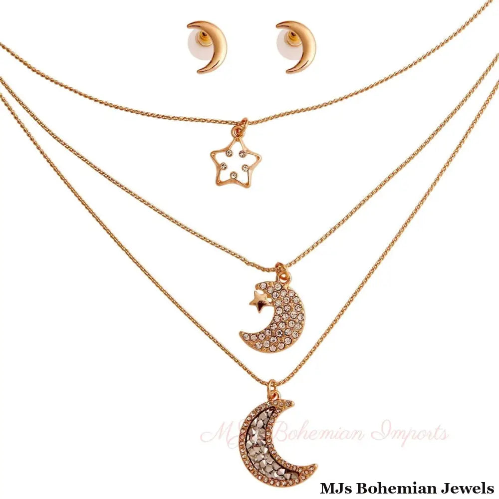 Gold 3 Layer Chain Moon Necklace