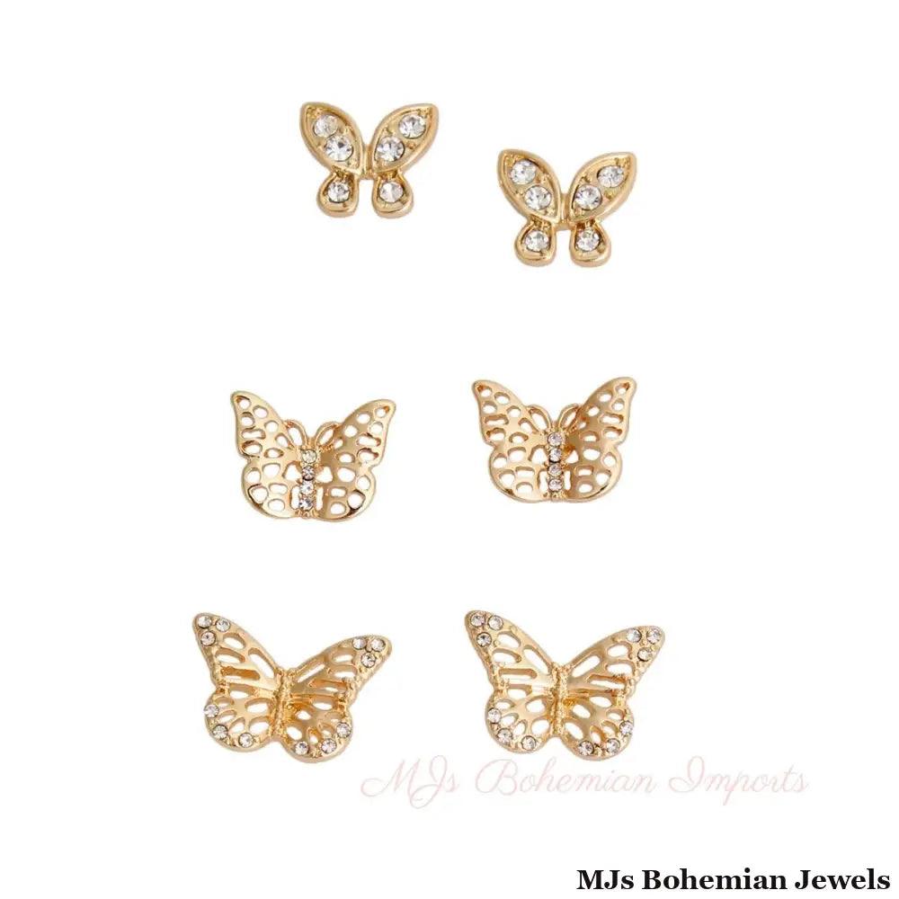 Gold 3 Pcs Butterfly Stud Set