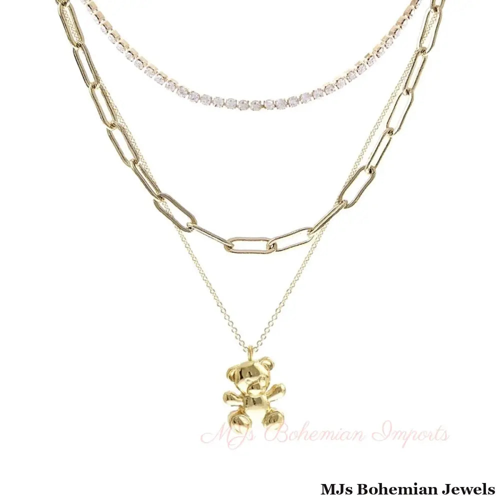 Gold 3 Pcs Teddy Bear Necklace