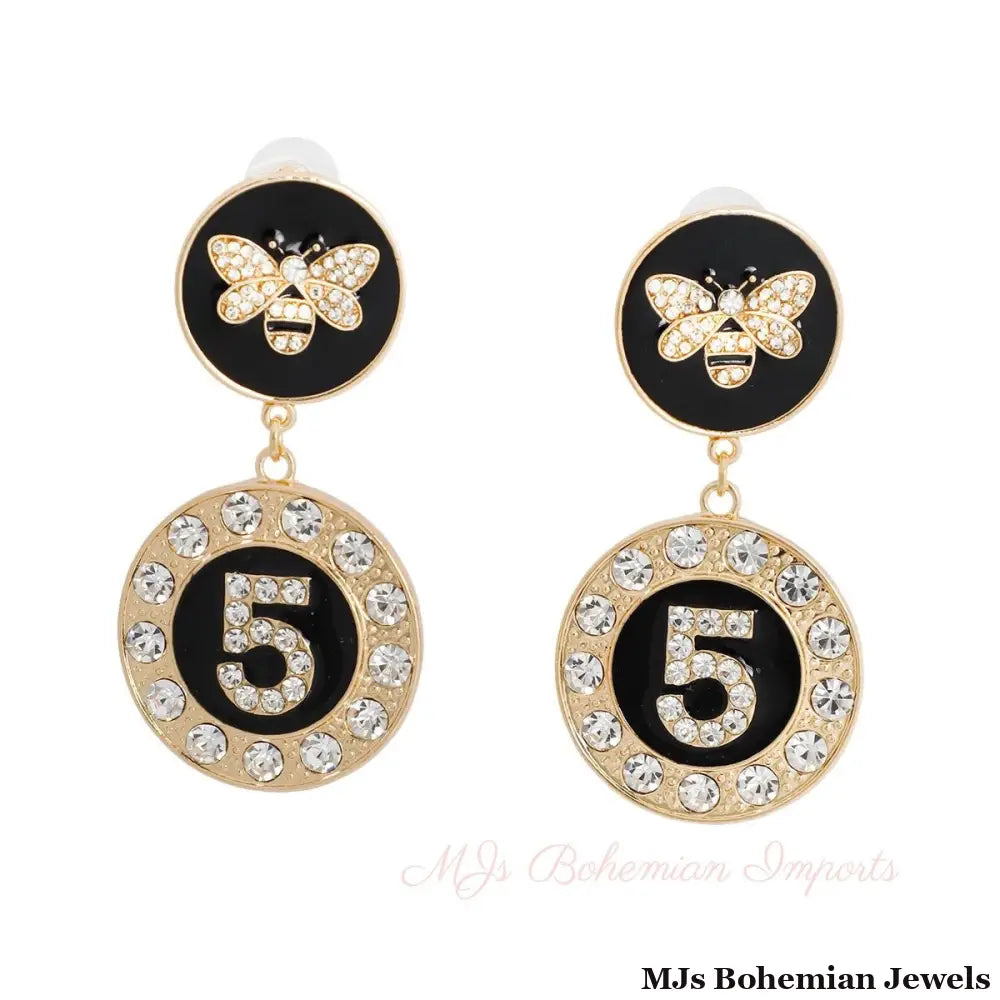 Gold and Black Bee 5 Charm Earrings