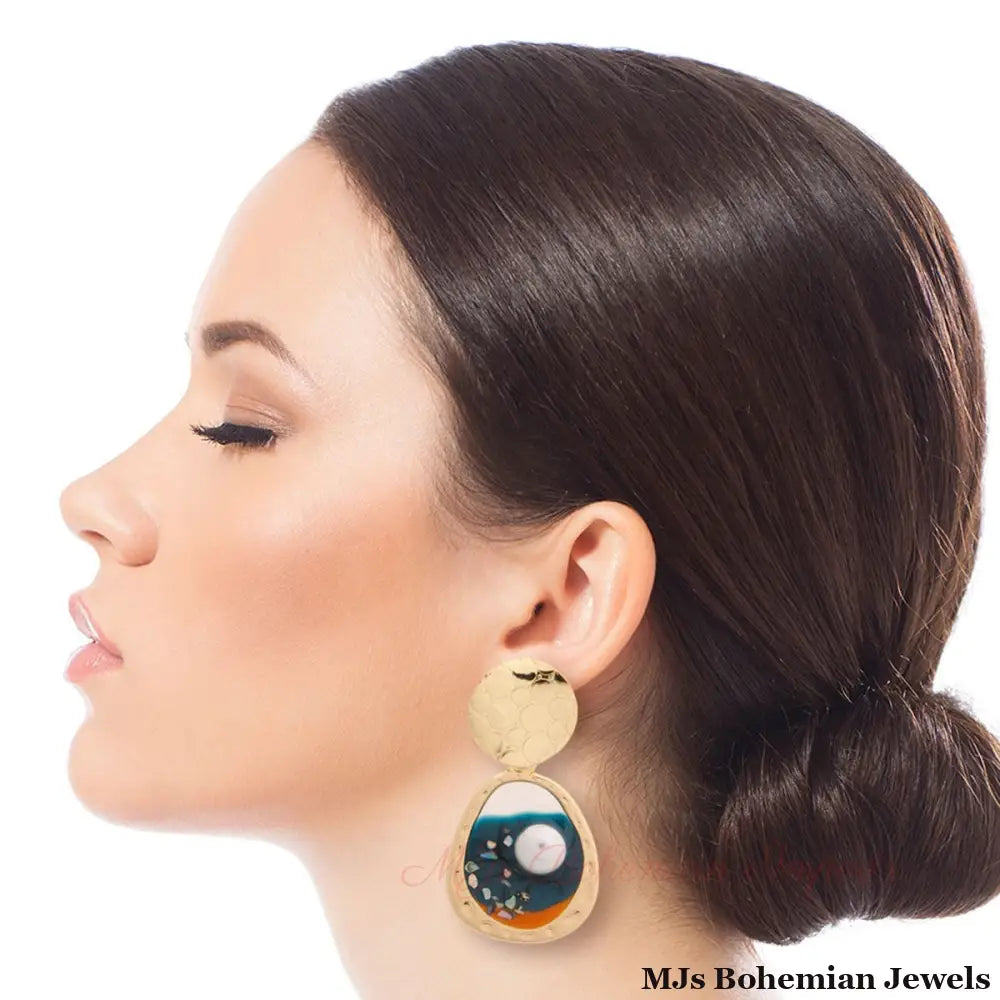 Gold and Blue Resin Oval Earrings