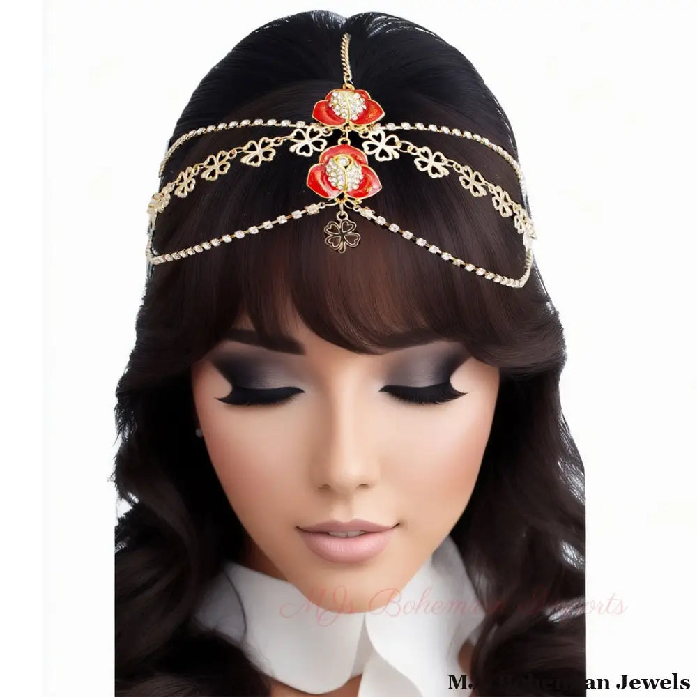 Gold and Red Clear Crystal Flower Head Chain