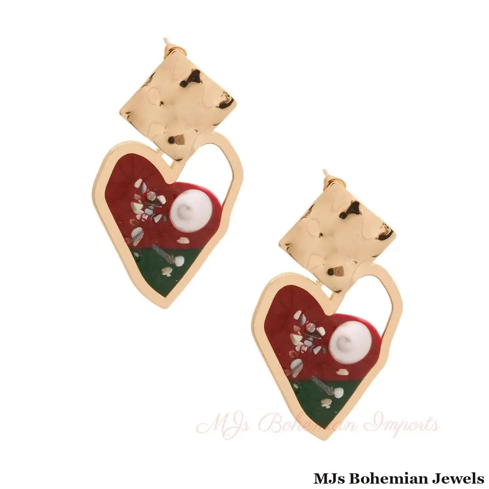 Gold and Red Resin Heart Earrings