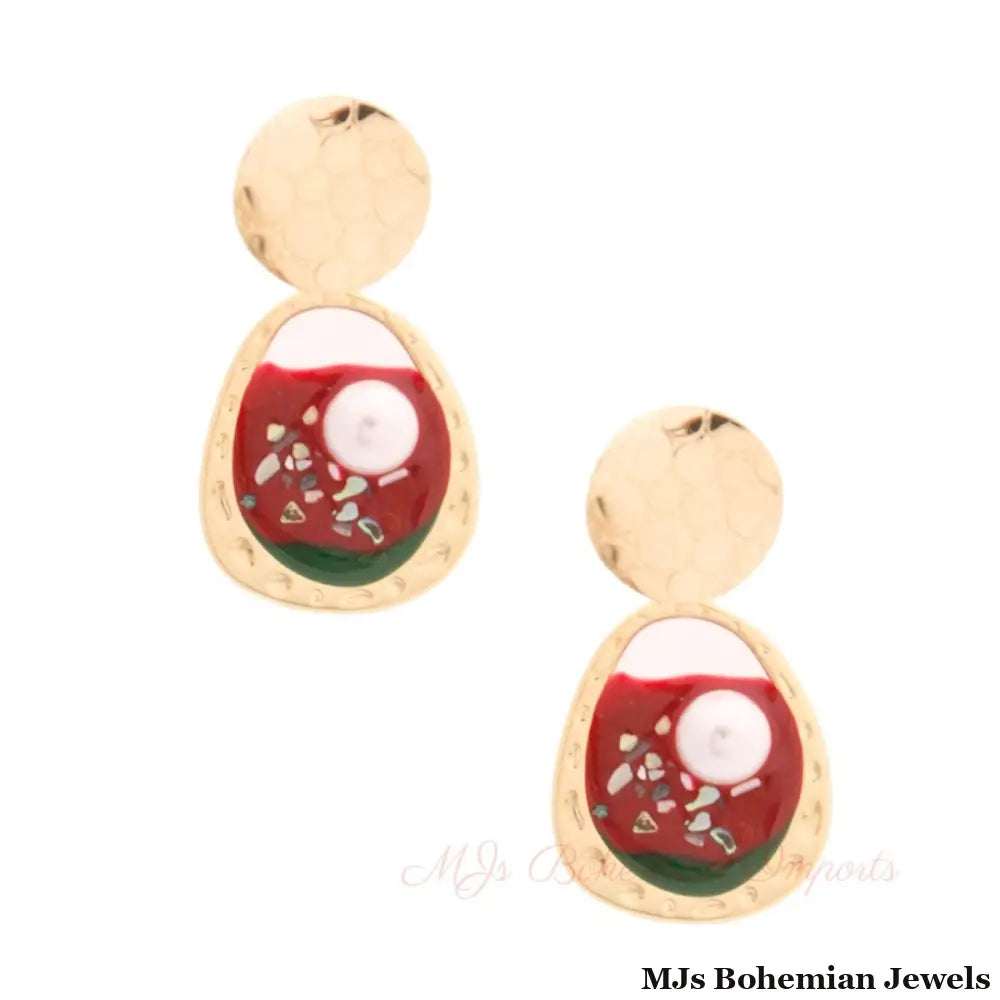 Gold and Red Resin Oval Earrings