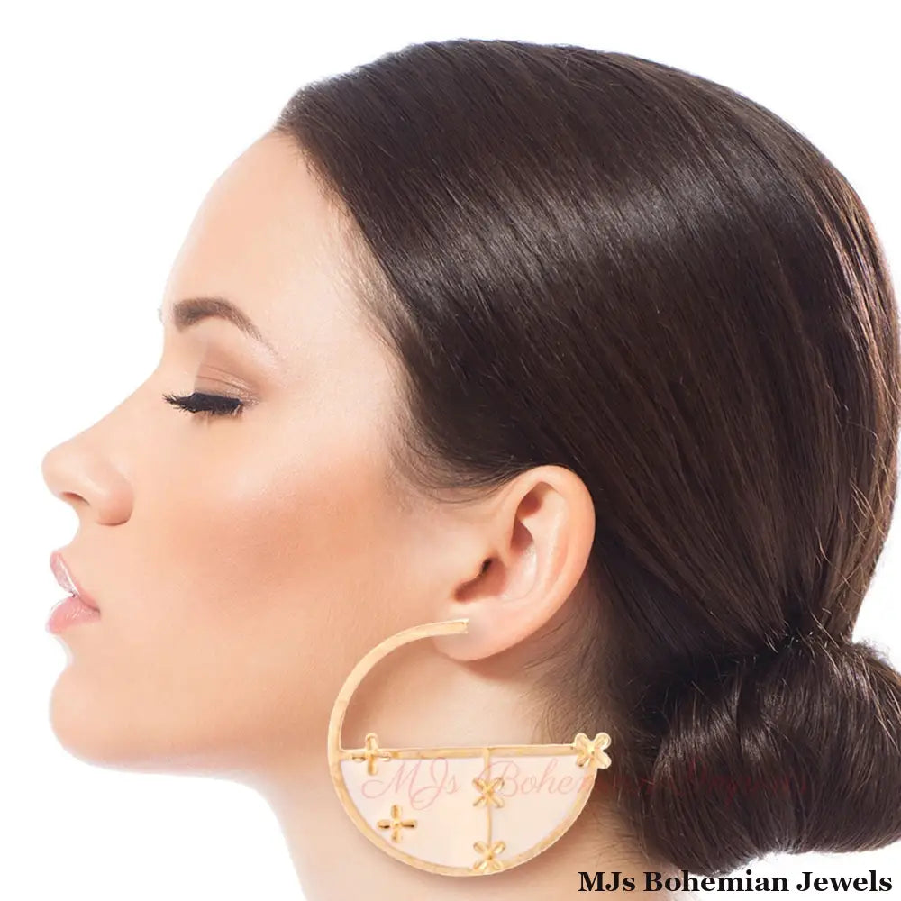 Gold and White Flower Hoops