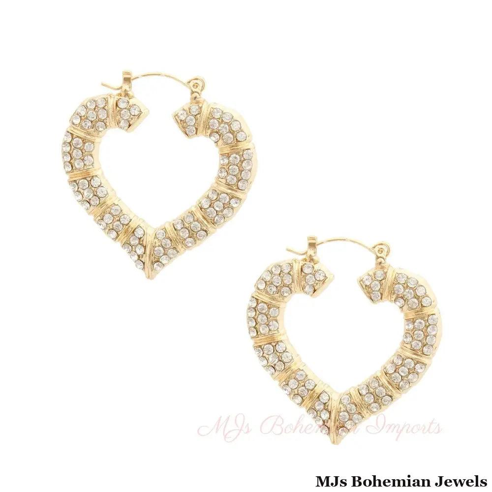 Gold Bling Heart Bamboo Hoops