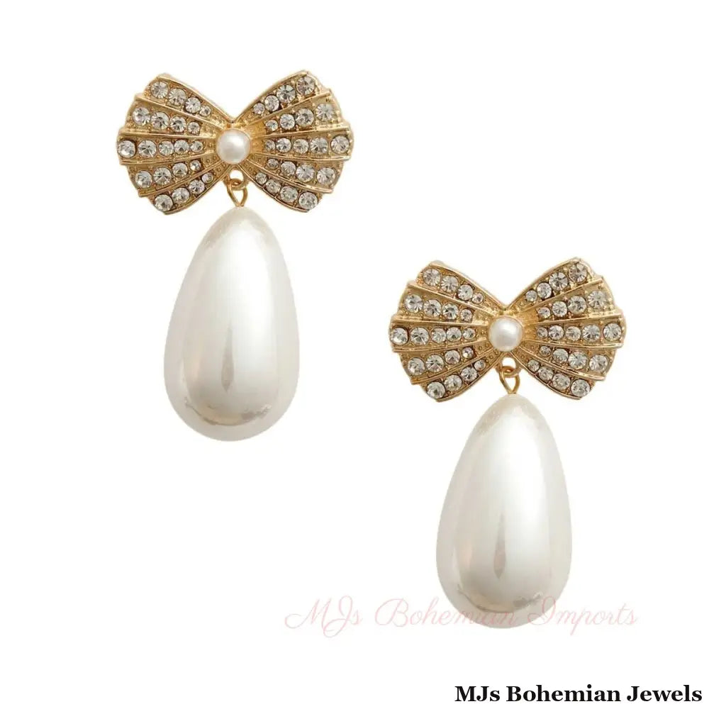 Gold Bow Pearl Teardrop Earrings