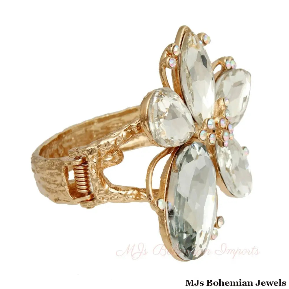 Gold Clear Crystal Flower Hinge Cuff Bangle