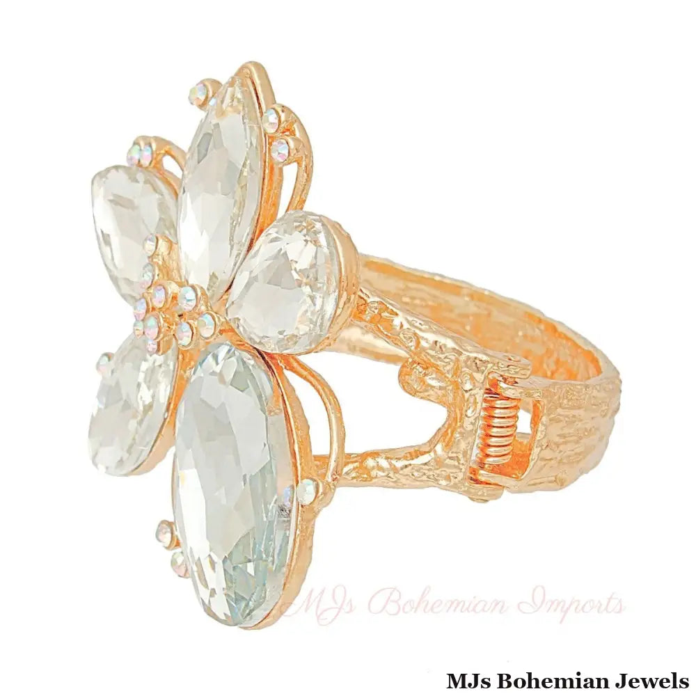 Gold Clear Crystal Flower Hinge Cuff Bangle