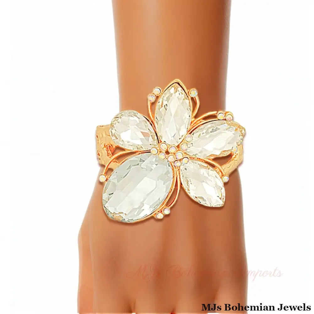 Gold Clear Crystal Flower Hinge Cuff Bangle
