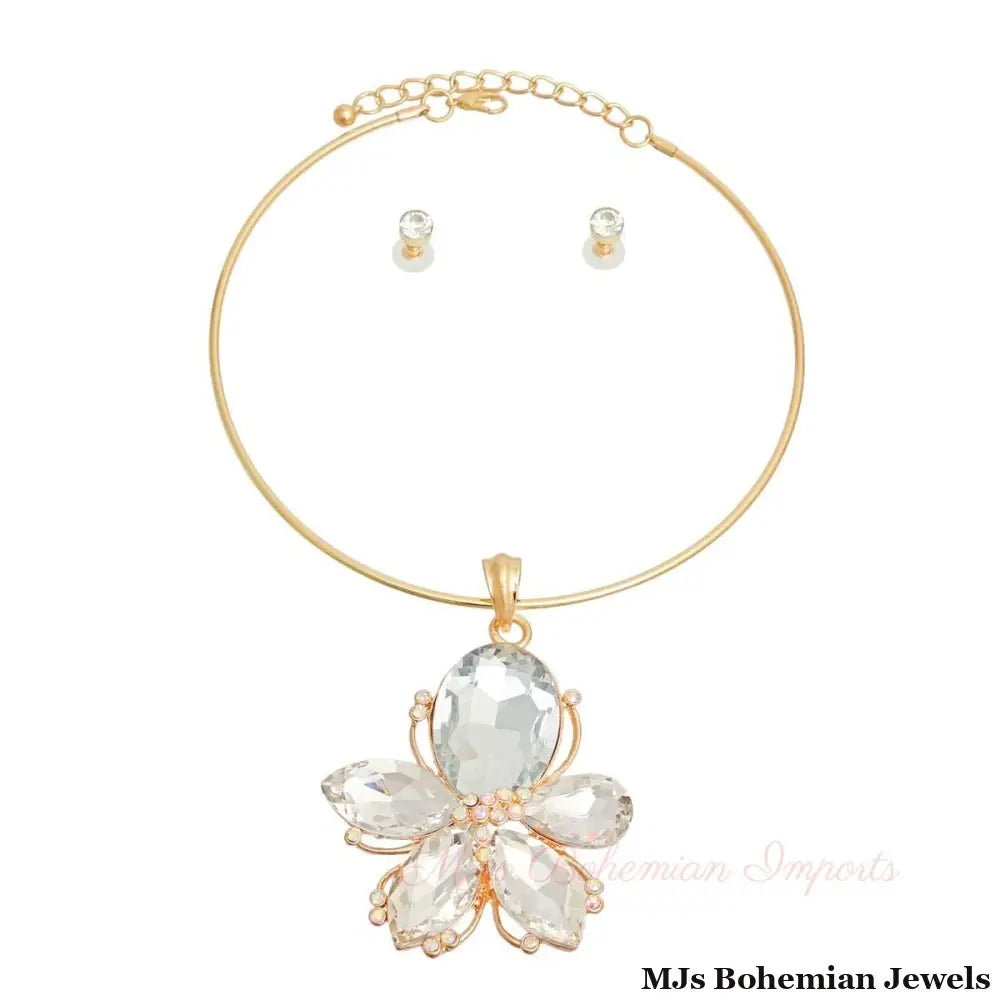 Gold Clear Crystal Flower Necklace