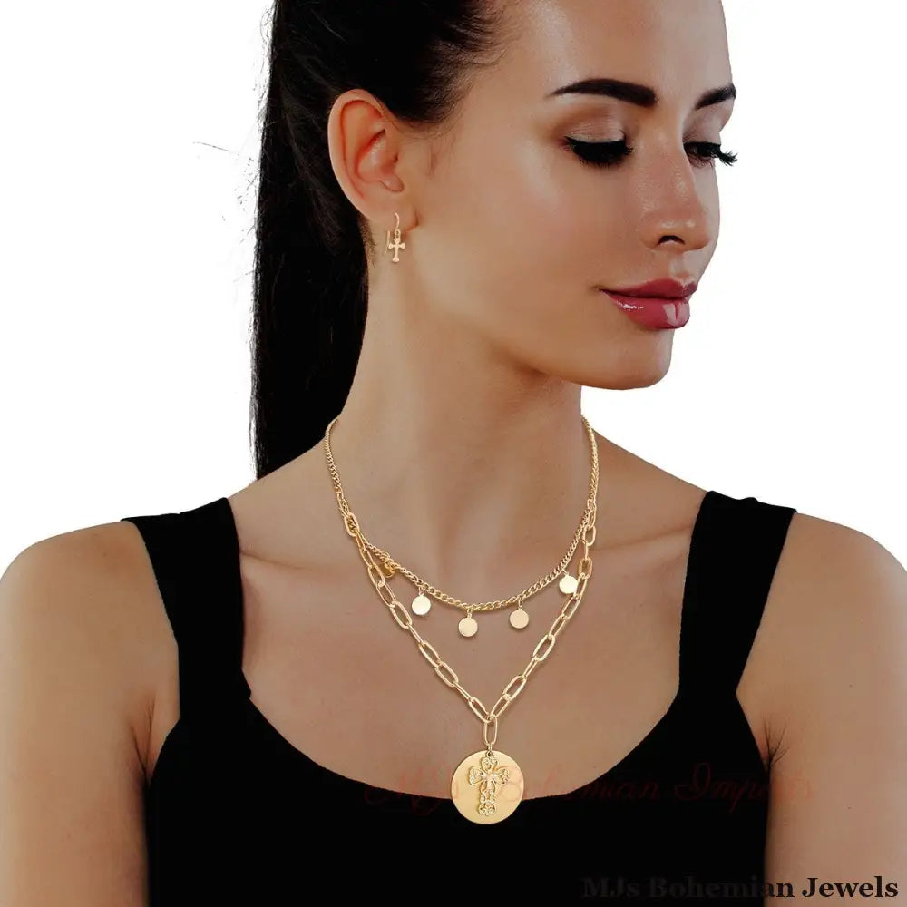Gold Cross Charm Layered Chain
