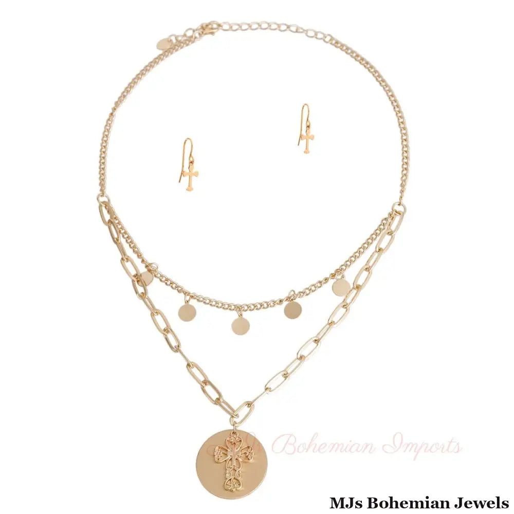 Gold Cross Charm Layered Chain