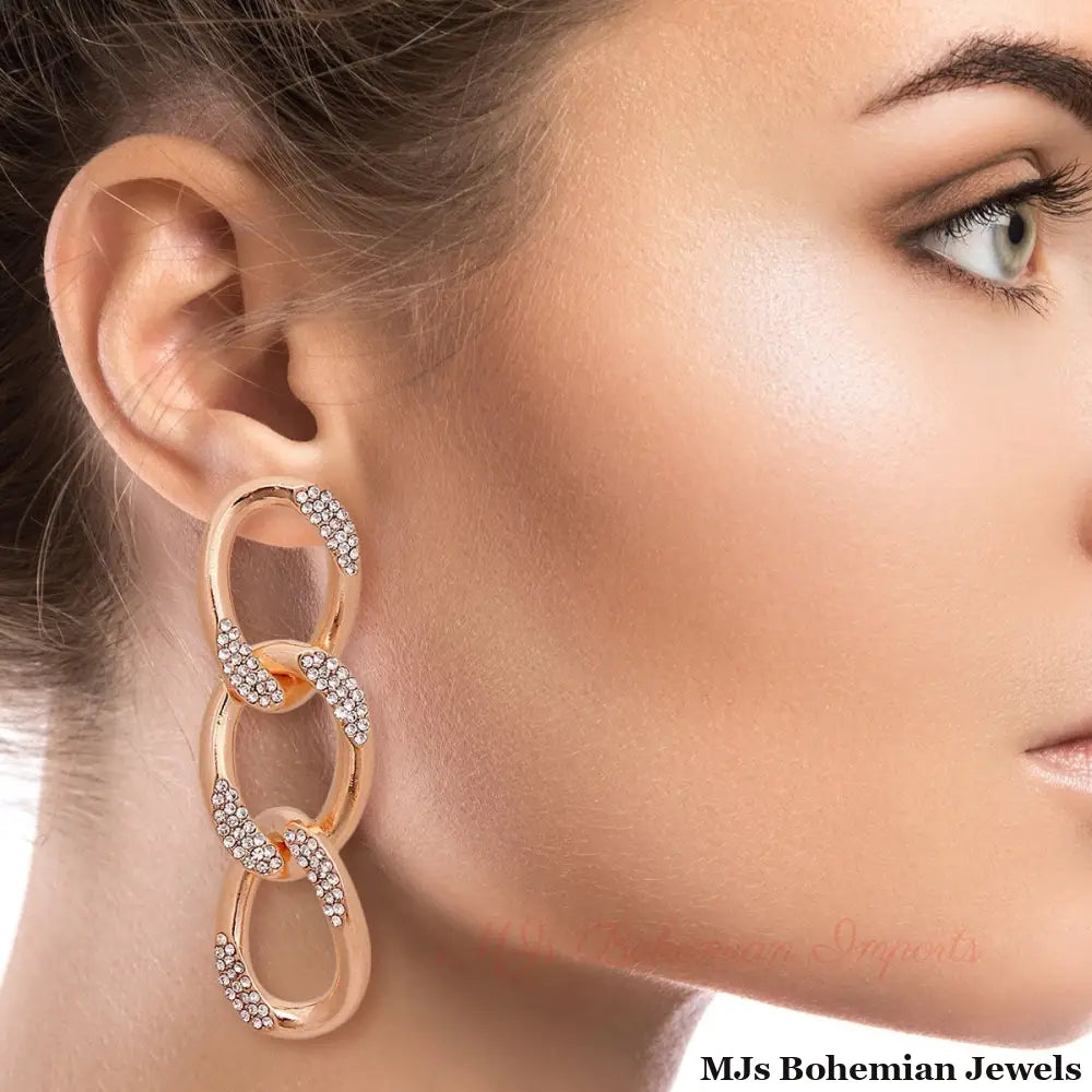 Gold Crusted Rhinestone Link Earrings