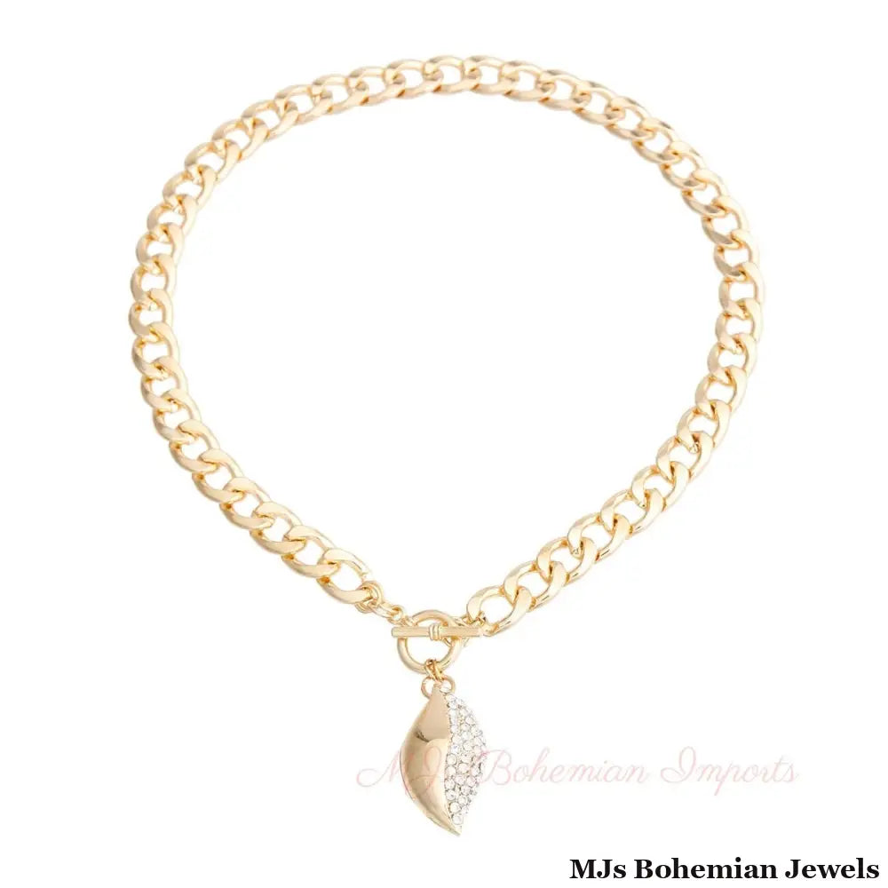 Gold Curved Oval Pave Charm Necklace
