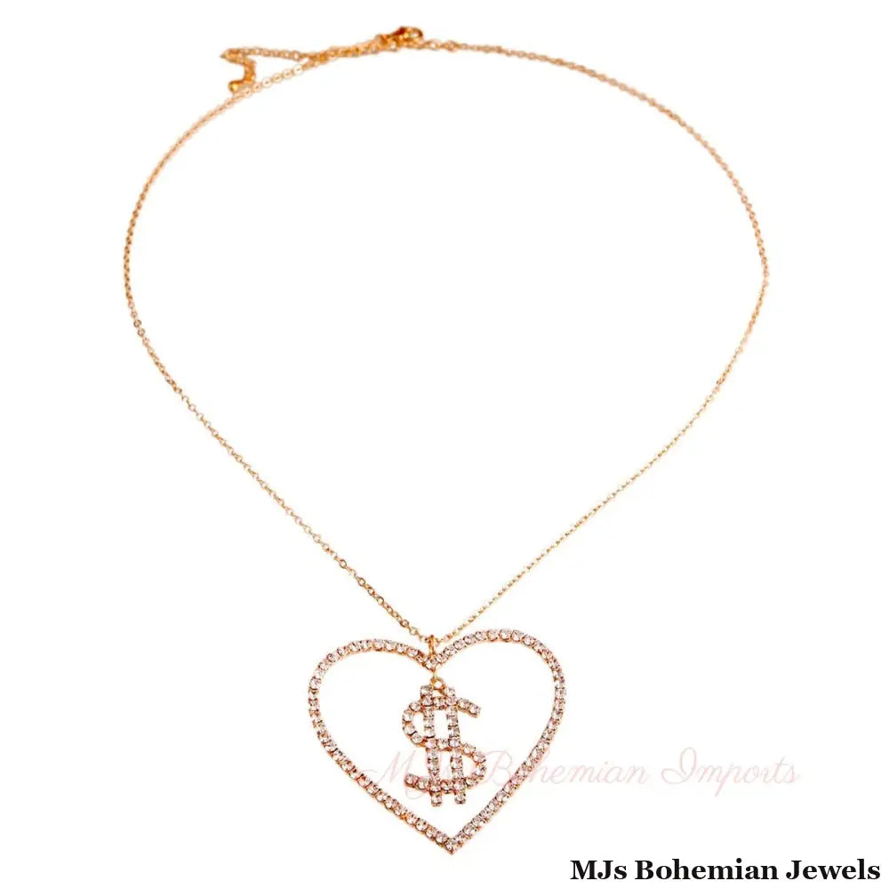 Gold Dollar Sign Heart Necklace