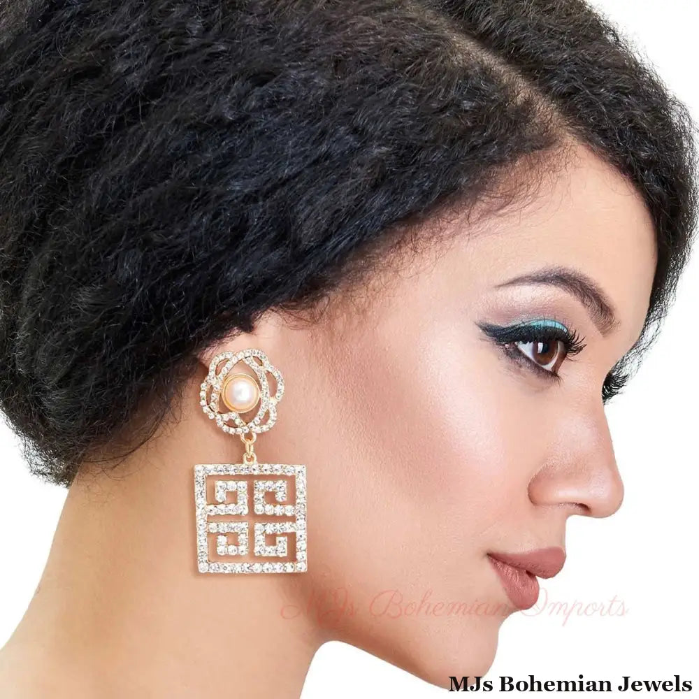 Gold Flower Square Greek Key Earrings