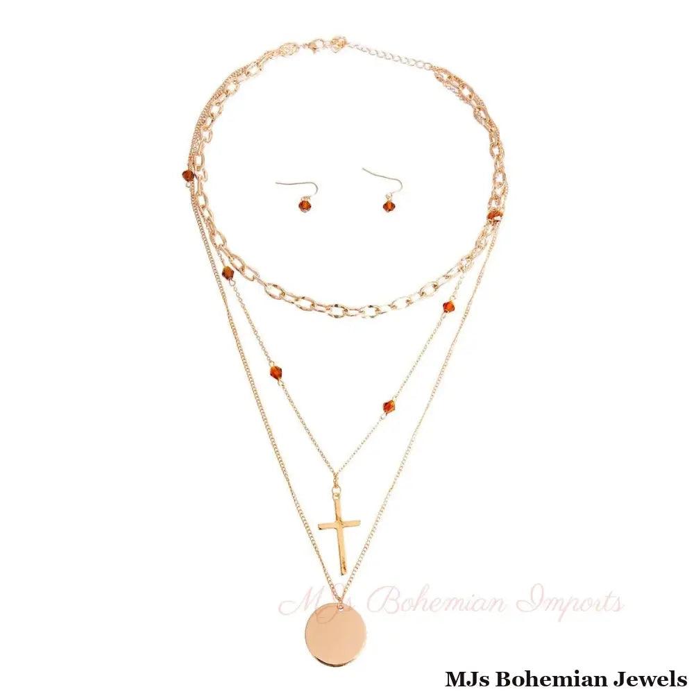 Gold Glass and Cross Charm Necklace