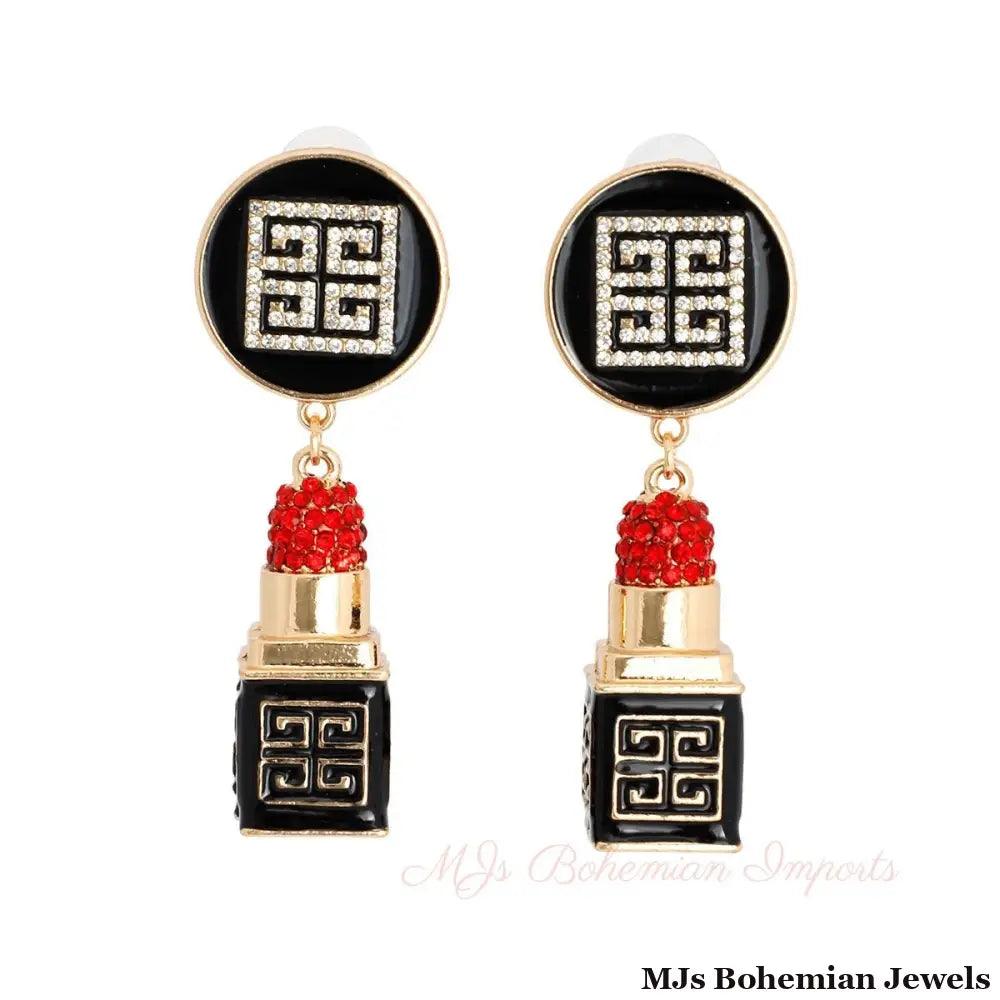 Gold Greek Key 3D Lipstick Charm Earrings