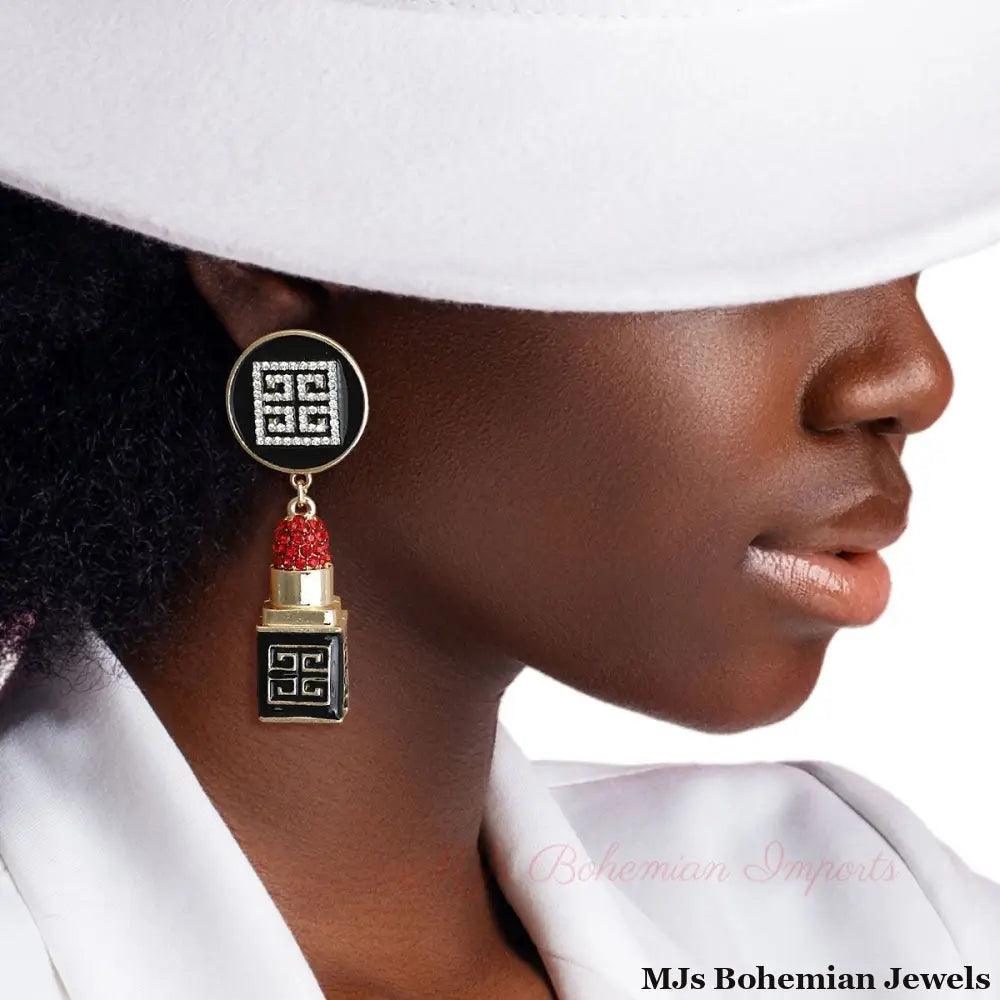 Gold Greek Key 3D Lipstick Charm Earrings