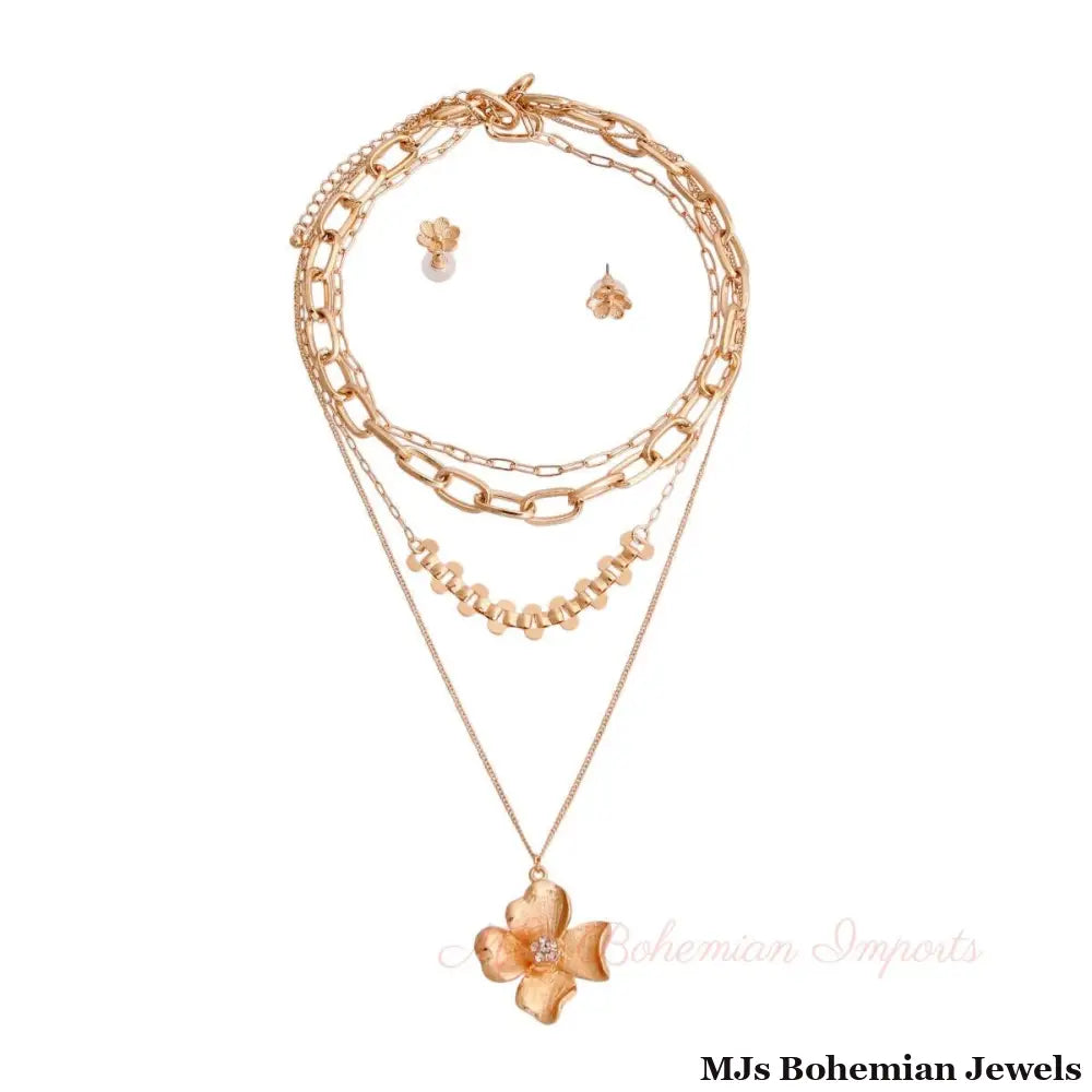 Gold Layered Chain Flower Necklace