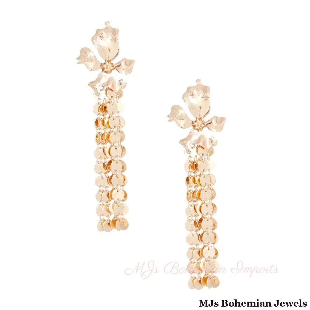 Gold Metal Fringe Flower Earrings