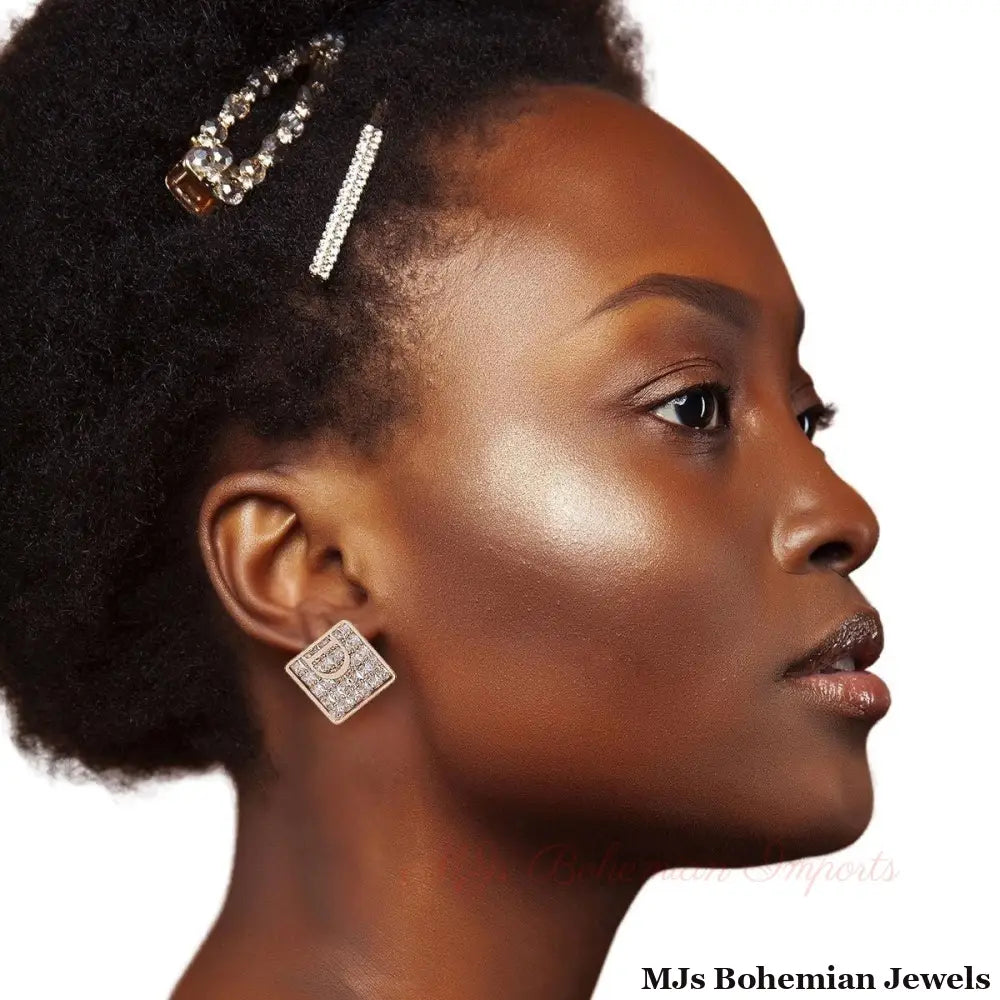 Gold Pave Square Tray D Studs