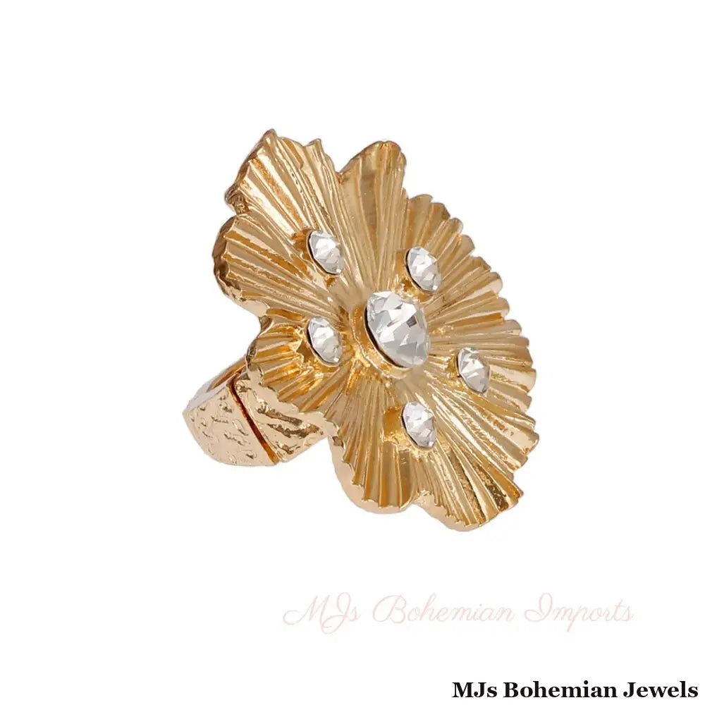 Gold Pleated Wavy Stone Ring