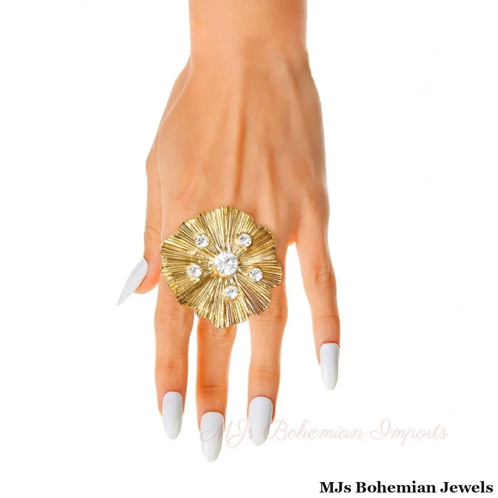 Gold Pleated Wavy Stone Ring