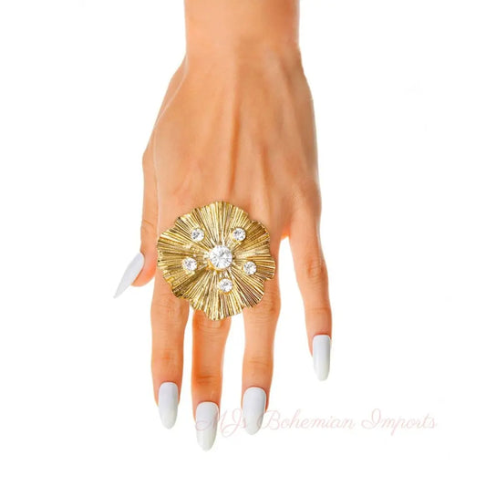 Gold Pleated Wavy Stone Ring