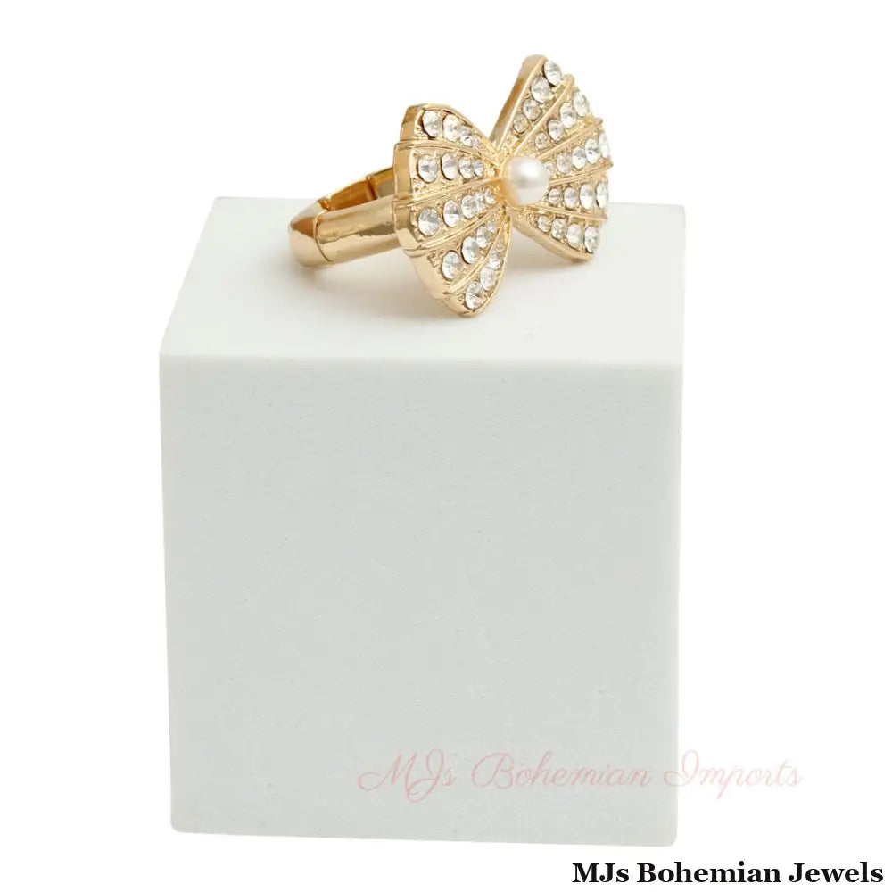 Gold Rhinestone Bow Ring