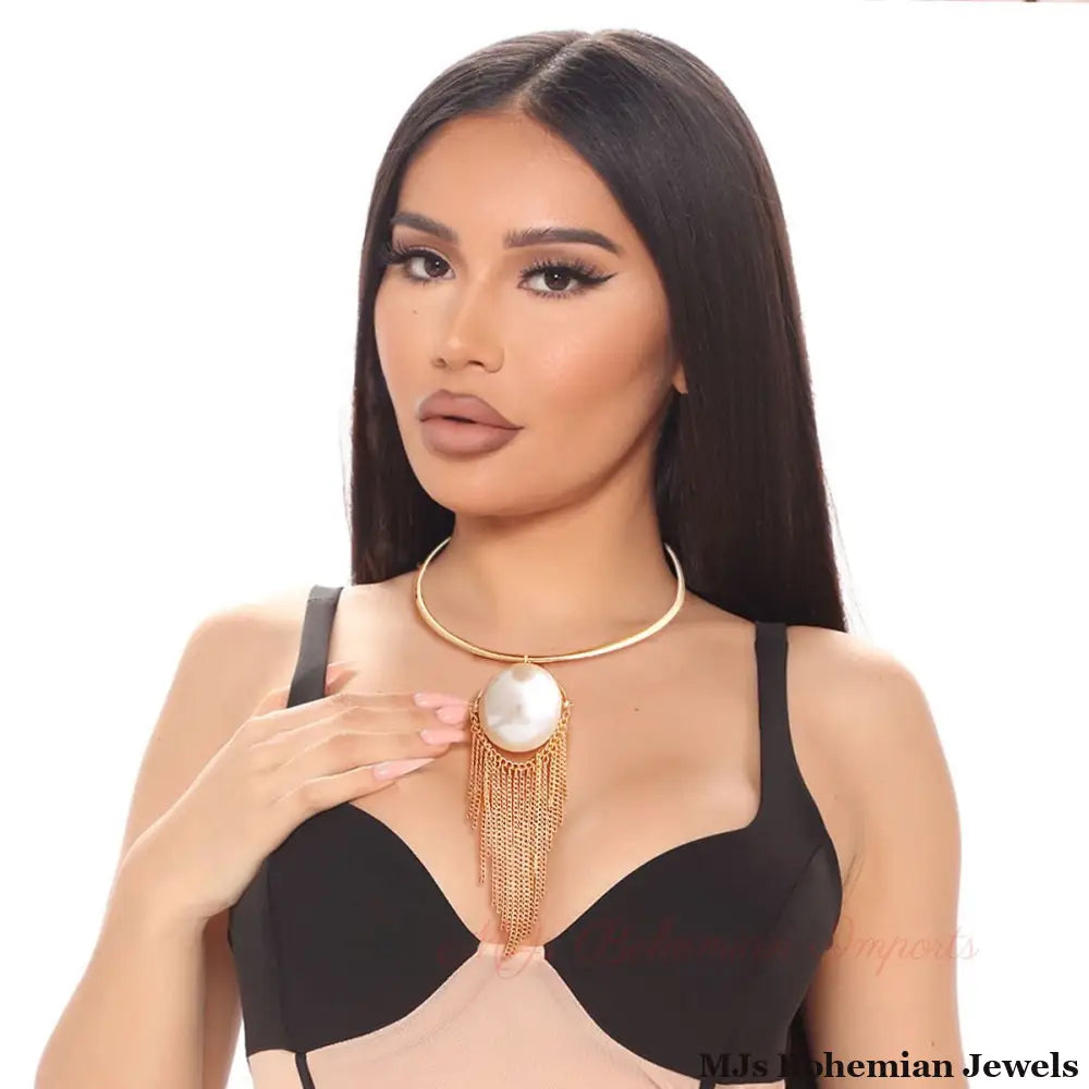 Gold Rigid Collar Jumbo Pearl Necklace