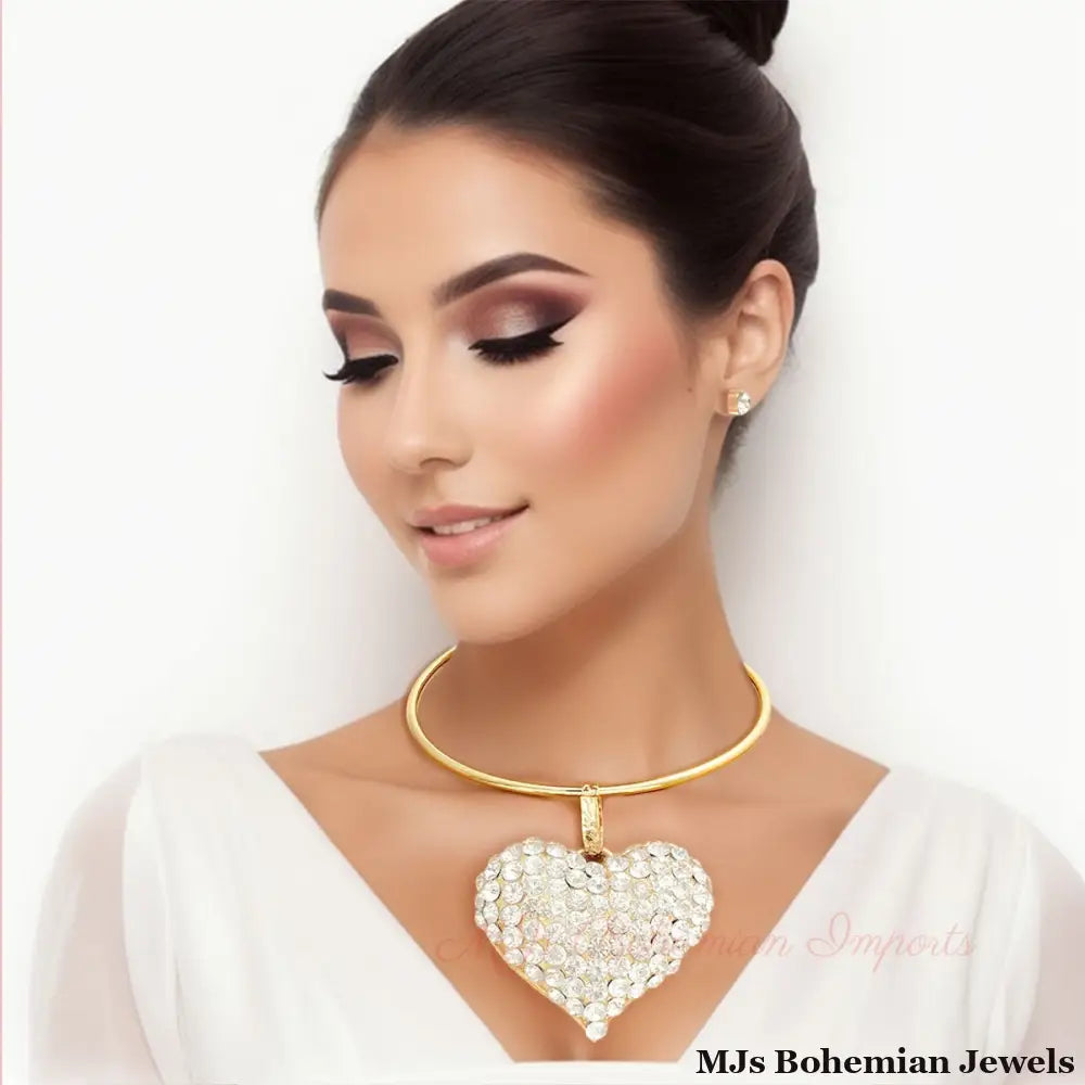 Gold Rigid Collar XL Rhinestone Heart Set