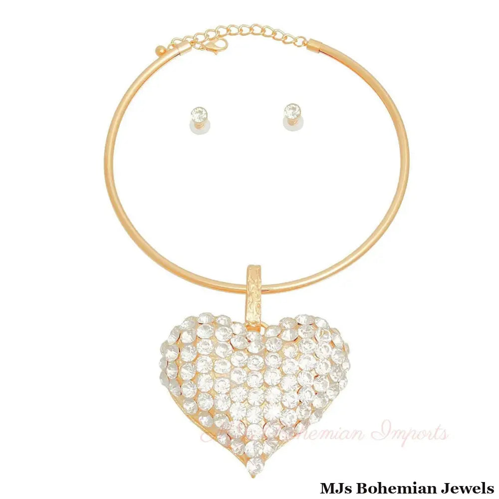 Gold Rigid Collar XL Rhinestone Heart Set