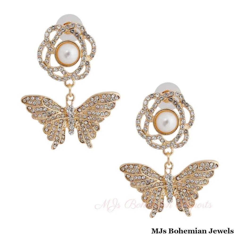Gold Rose Butterfly Rhinestone Earrings